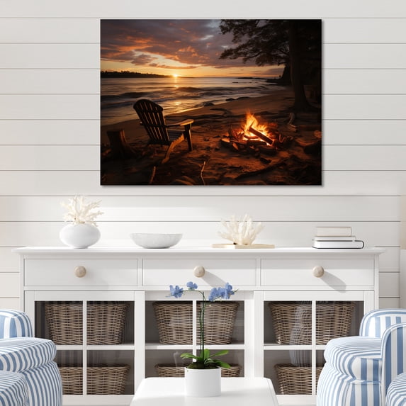 Designart "Bonfire on the Beach in a Photo II" Nautical & Beach Metal Art Living Room