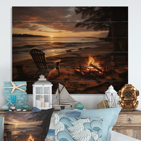 Designart "Bonfire on the Beach in a Photo II" Nautical & Beach Print on Natural Pine Wood