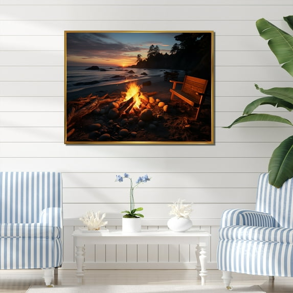 Designart "Bonfire on the Beach in a Photo IV" Nautical & Beach Floater Framed Canvas Art Print