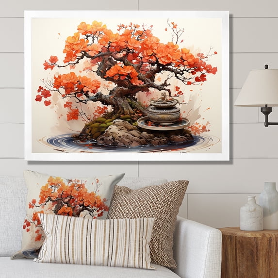Designart "Bonsai Charm Autumn's Delight II" Landscapes Framed Wall Art Decor - Modern Farmhouse Brown Tree Bonsai Hallway Framed Wall Art Decor