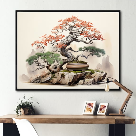 Designart "Bonsais Wisdom Asian beauty I" Asian Floater Framed Canvas Art Print