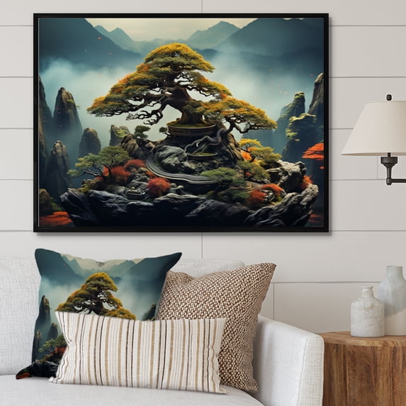 Designart "Bonsais Wisdom Asian beauty III" Asian Floater Framed Canvas Wall Art