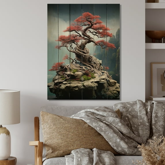Designart "Bonsais Wisdom Asian beauty VI" Asian Print on Natural Pine Wood