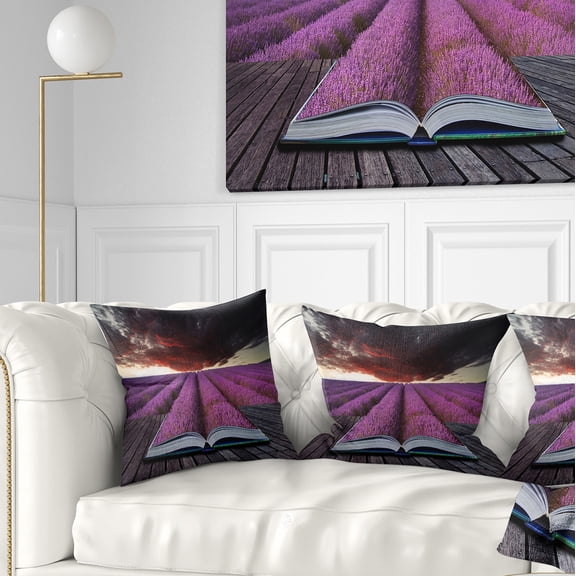Designart Book Open to Lavender Field - Floral Throw Pillow - 16x16