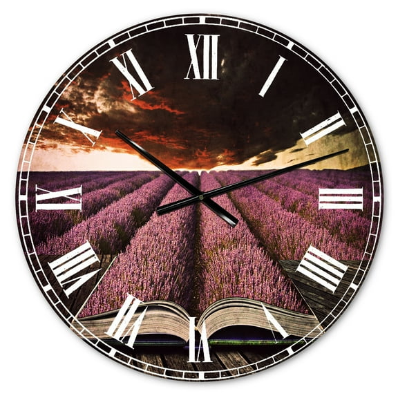 Designart 'Book Open to Lavender Field' Traditional wall clock