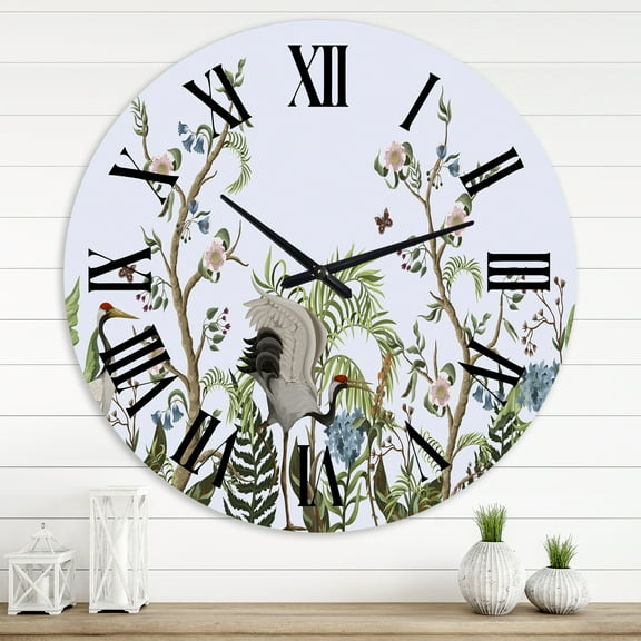 Designart 'Border With Cranes & Peonies In Chinoiserie Style' Traditional Wall Clock