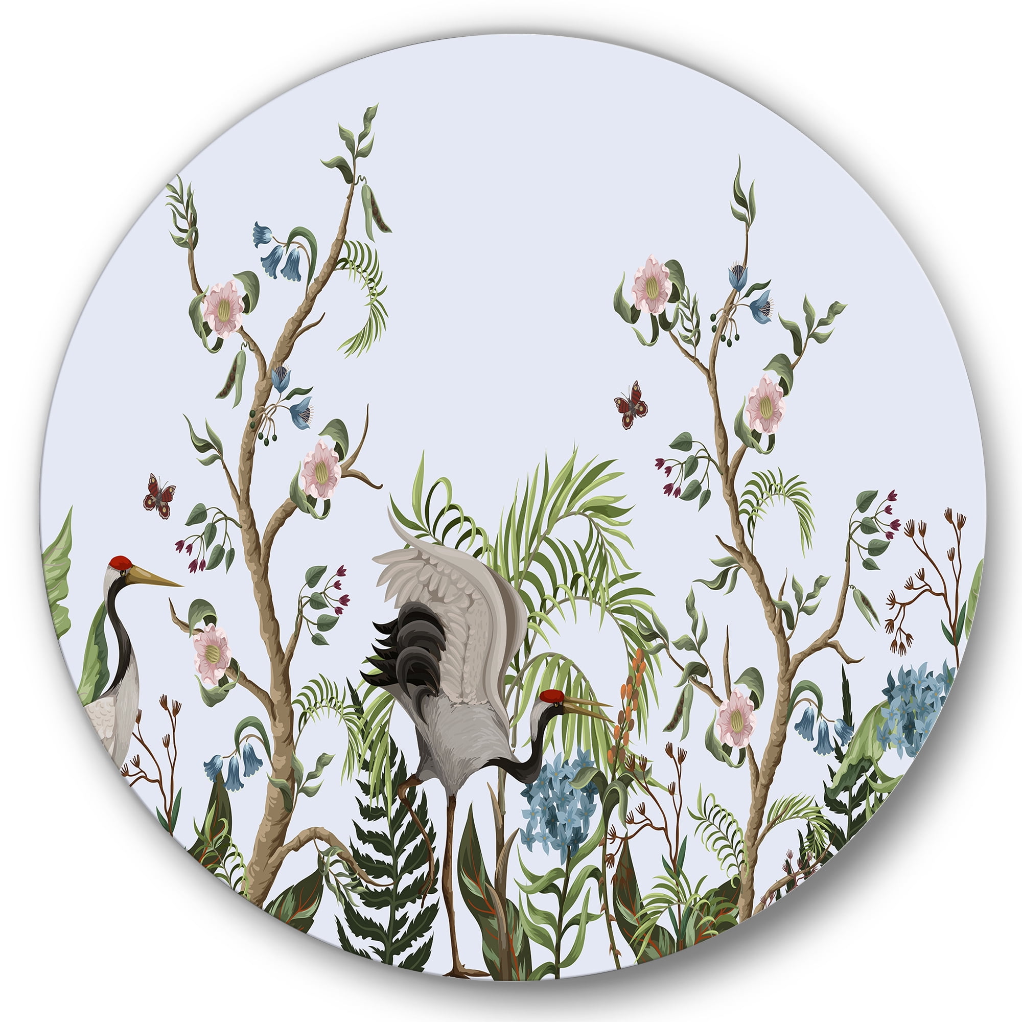 Designart 'Border With Peonies and Cranes In Chinoiserie Style' Traditional Circle Metal Wall Art 36x36 - Disc of 36