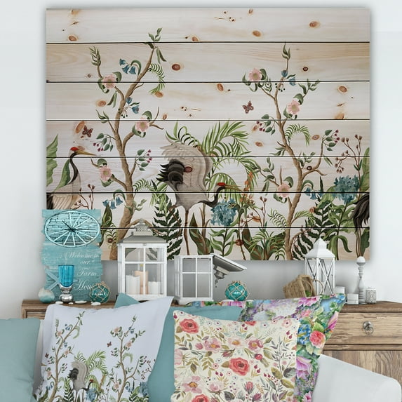 Designart 'Border With Peonies and Cranes In Chinoiserie Style' Traditional Print on Natural Pine Wood