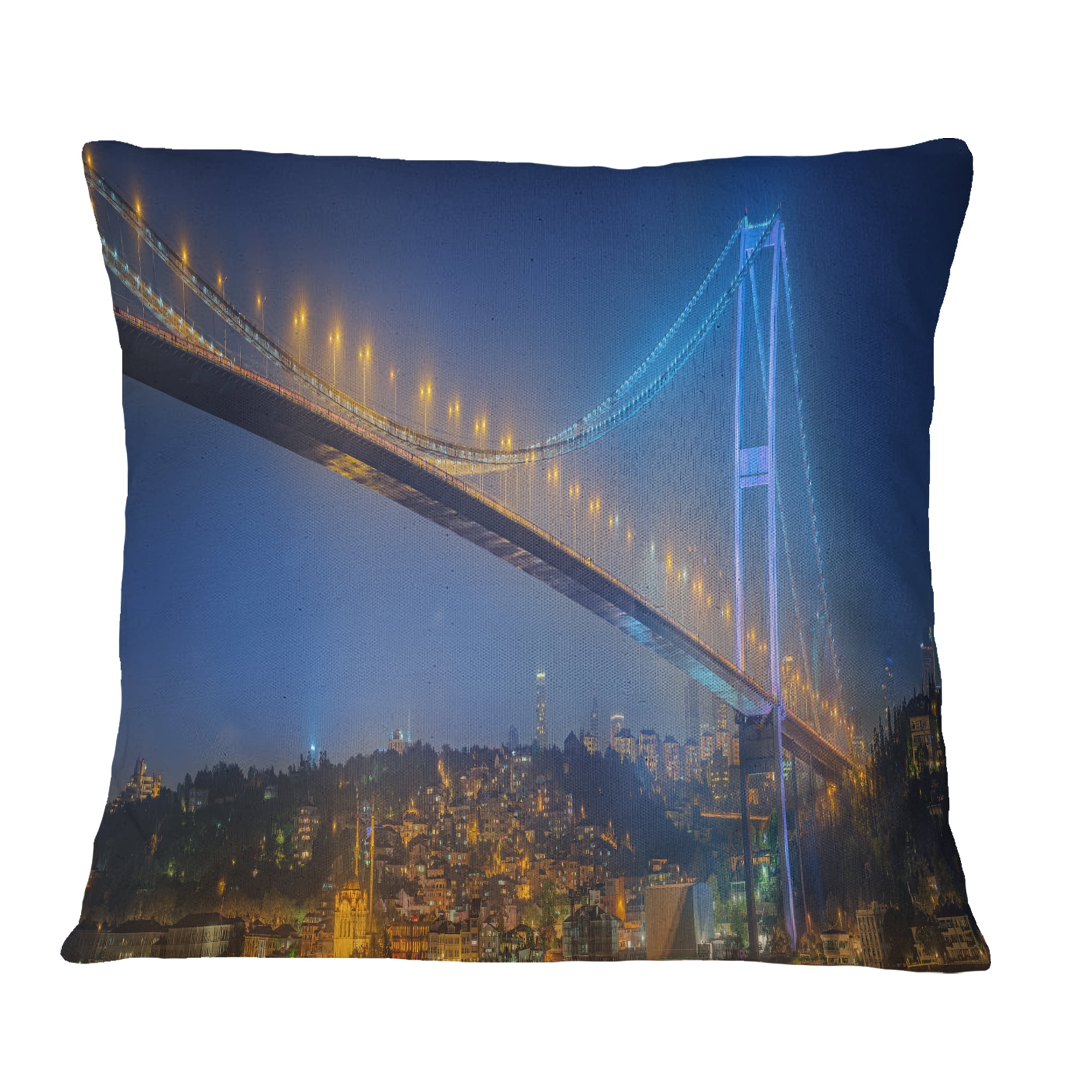 Designart Bosphorus Bridge at Night Istanbul - Landscape Printed Throw Pillow - 16x16
