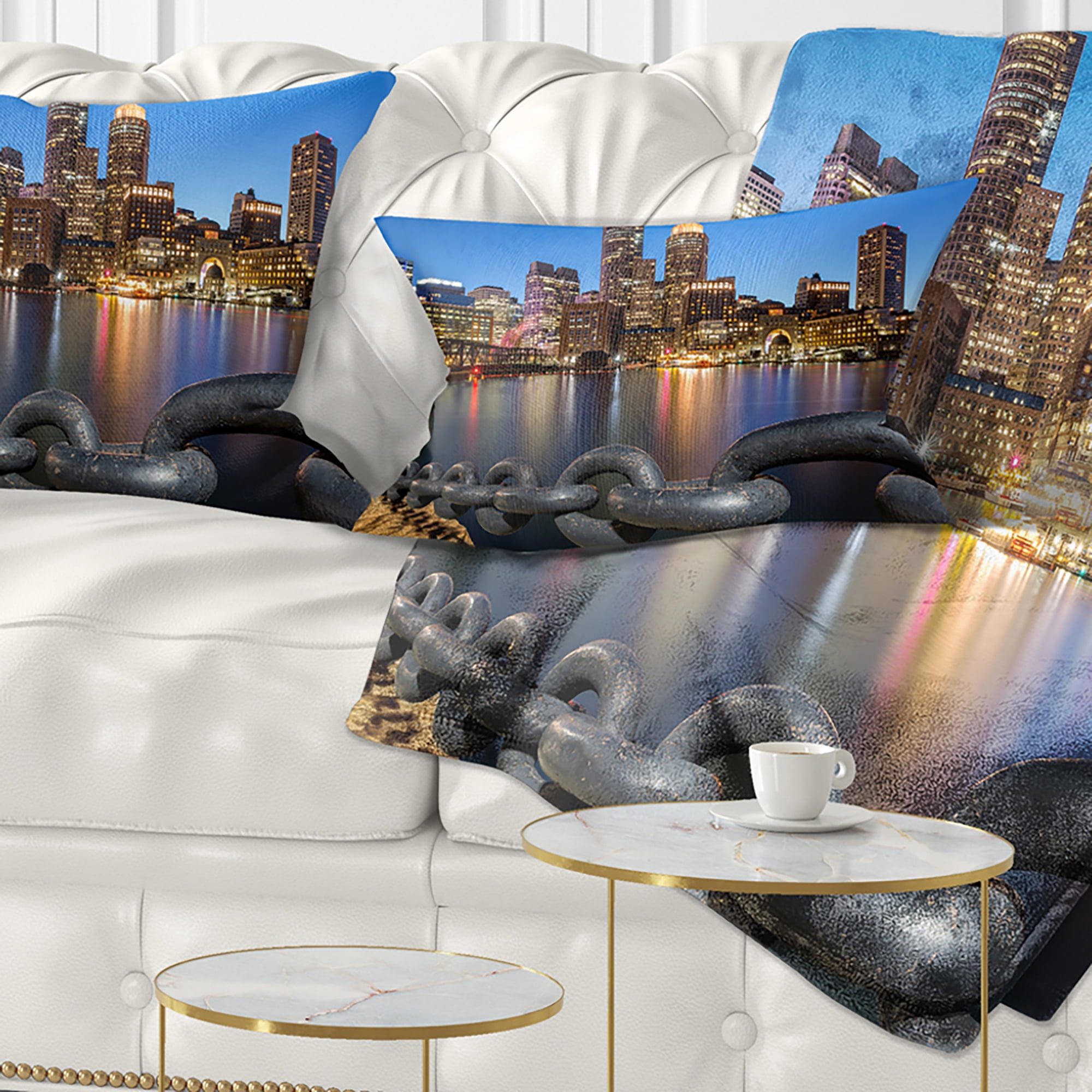 Designart Boston Skyline at Dusk - Cityscape Photo Throw Pillow - 12x20