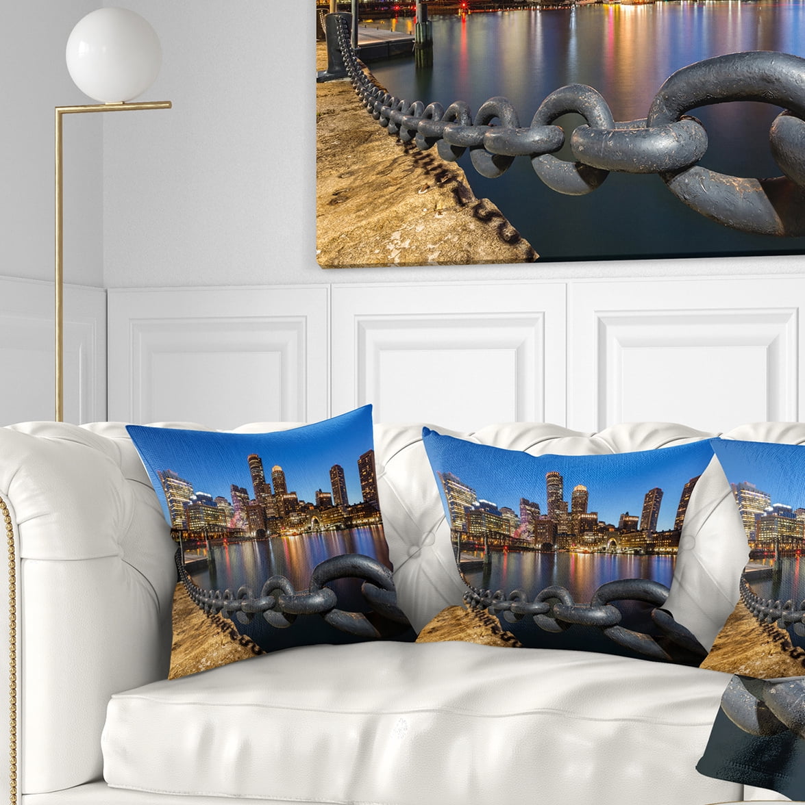 Designart Boston Skyline at Dusk - Cityscape Photo Throw Pillow - 18x18