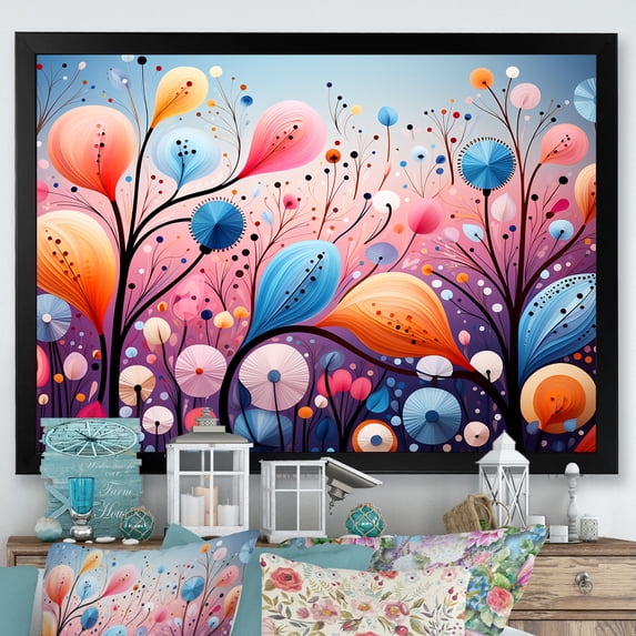 Designart "Botanical Abstract Wonderland Pink and Blue Delight I" Abstract Framed Wall Art Decor - Modern Pink Abstract Botanicals Living Room Framed Canvas Art