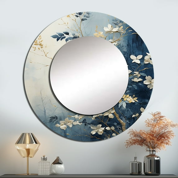 Designart "Botanical Abstraction In Gold And Blue" Jungle Round Mirror Wall Decor Global - Large Gold Round Office Mirror - Round Mirror - 29" x 29"