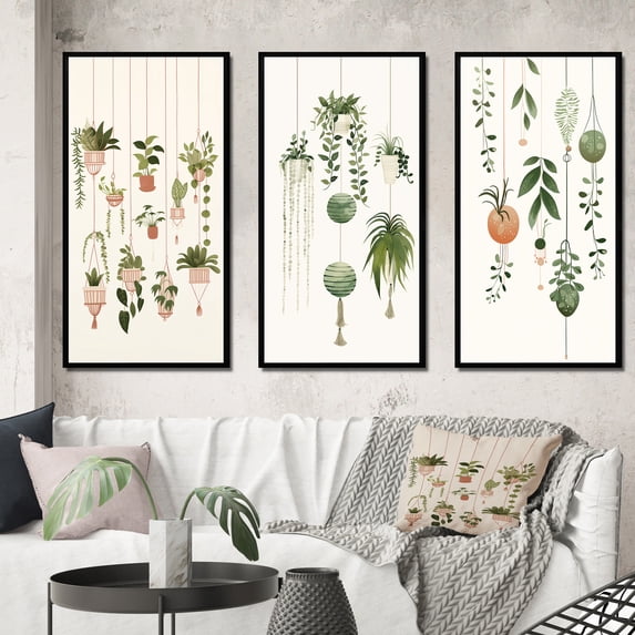 Designart "Botanical Bliss Joyful Hanging Houseplants I" Abstract Botanicals Framed Wall Art Set Of 3 - Green Modern Frame Canvas Set For Living Room Decor