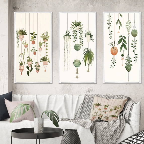 Designart "Botanical Bliss Joyful Hanging Houseplants I" Abstract Botanicals Framed Wall Art Set Of 3 - Green Modern Frame Canvas Set For Living Room Decor