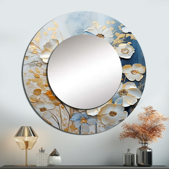 Designart "Botanical Delights Of Wildflowers" Wildflowers Round Mirror Wall Decor Traditional - Large Beige Round Bathroom Mirror - Round Mirror - 23" x 23"