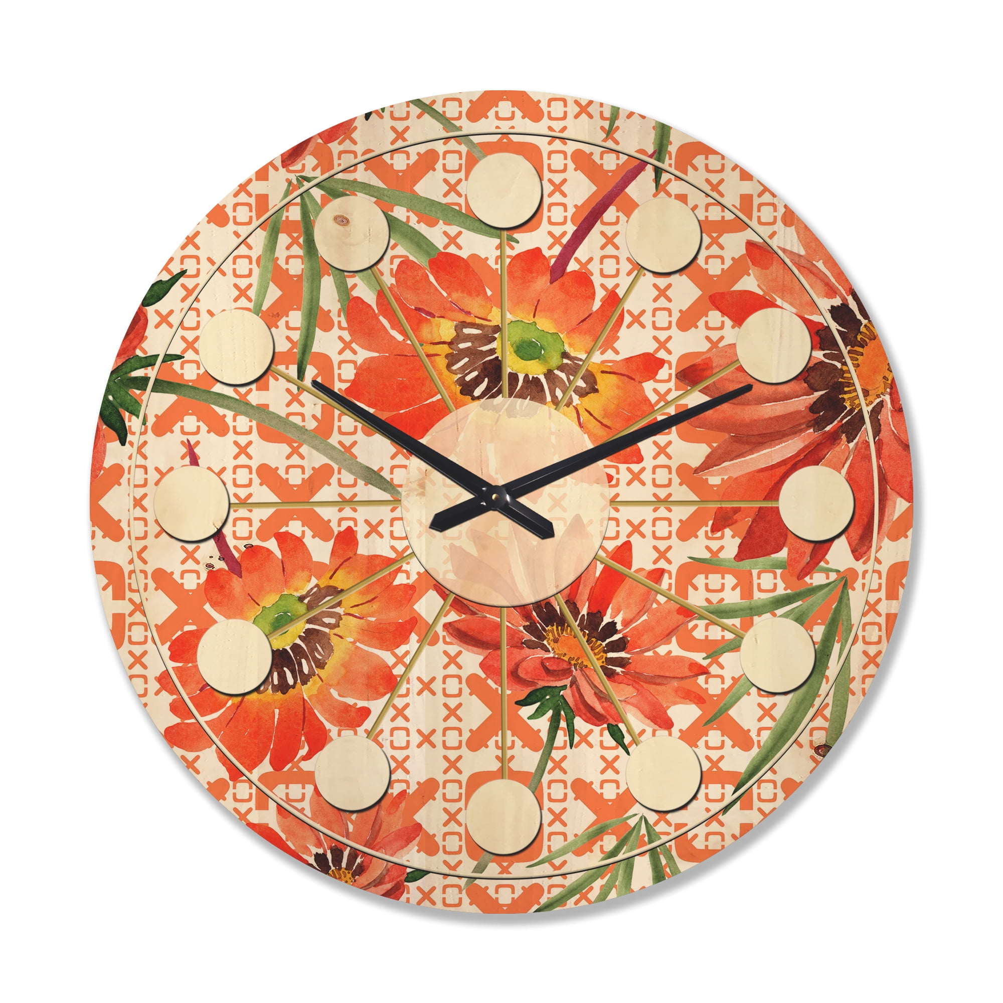 Designart 'Botanical Floral Retro I' Mid-Century Modern Wood Wall Clock