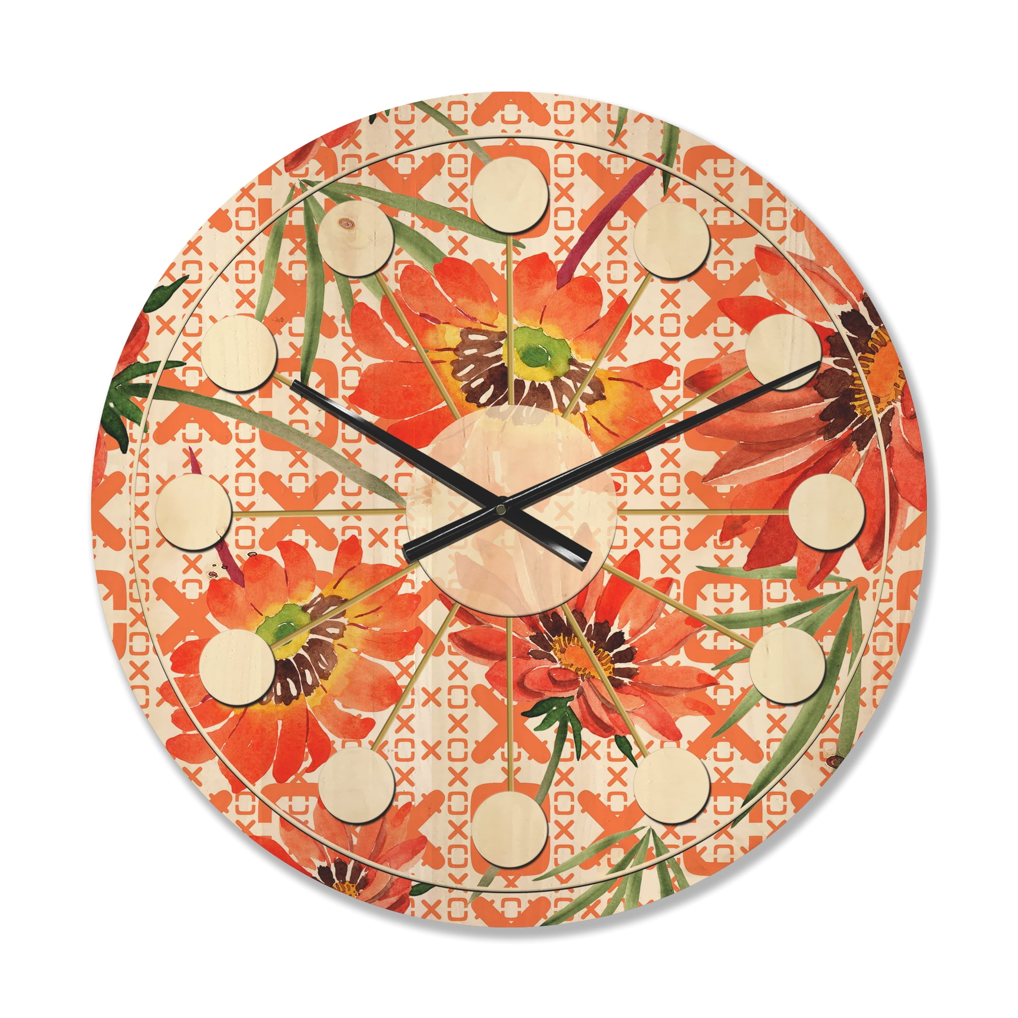 Designart 'Botanical Floral Retro I' Mid-Century Modern Wood Wall Clock