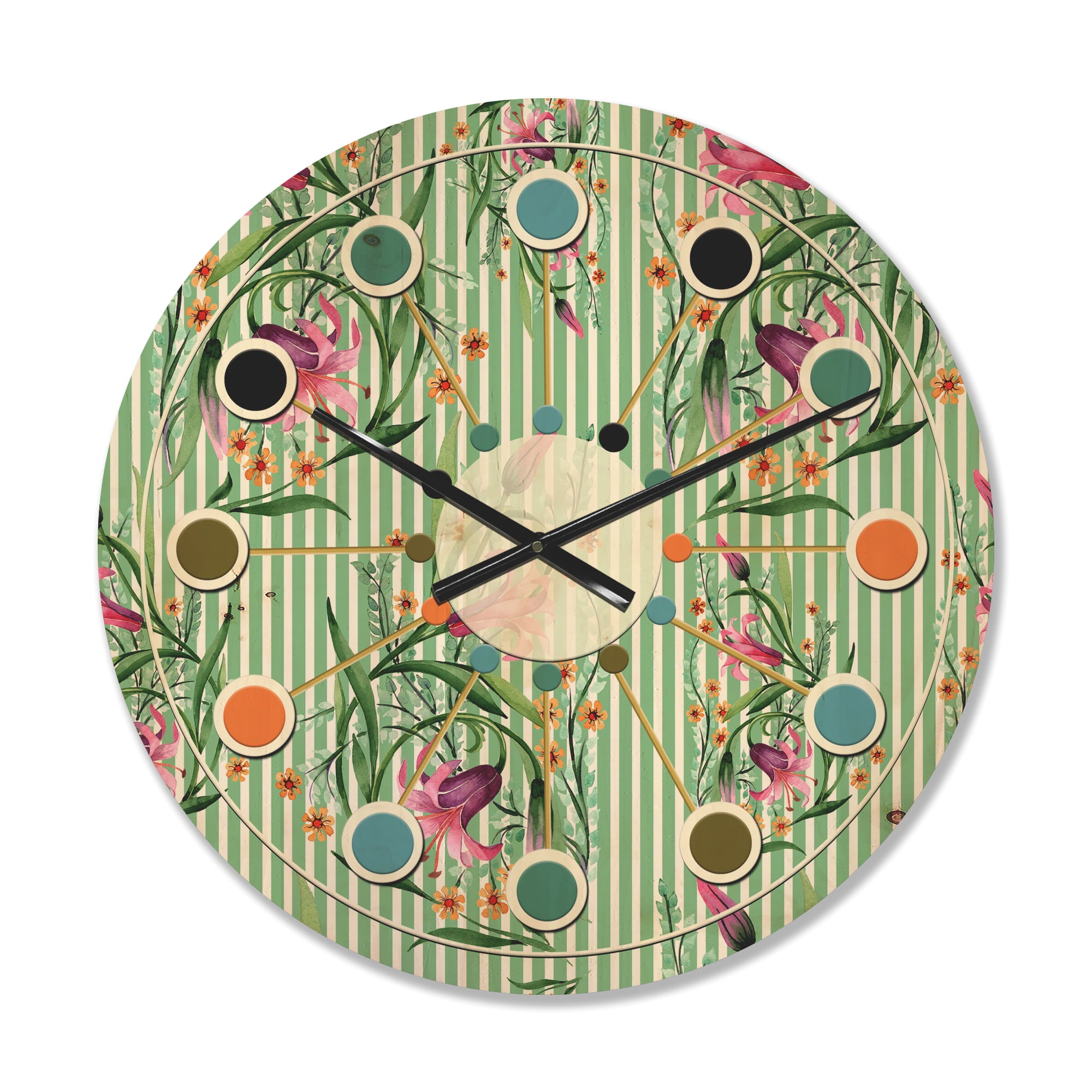 Designart 'Botanical Floral Retro IX' Mid-Century Modern Wood Wall Clock