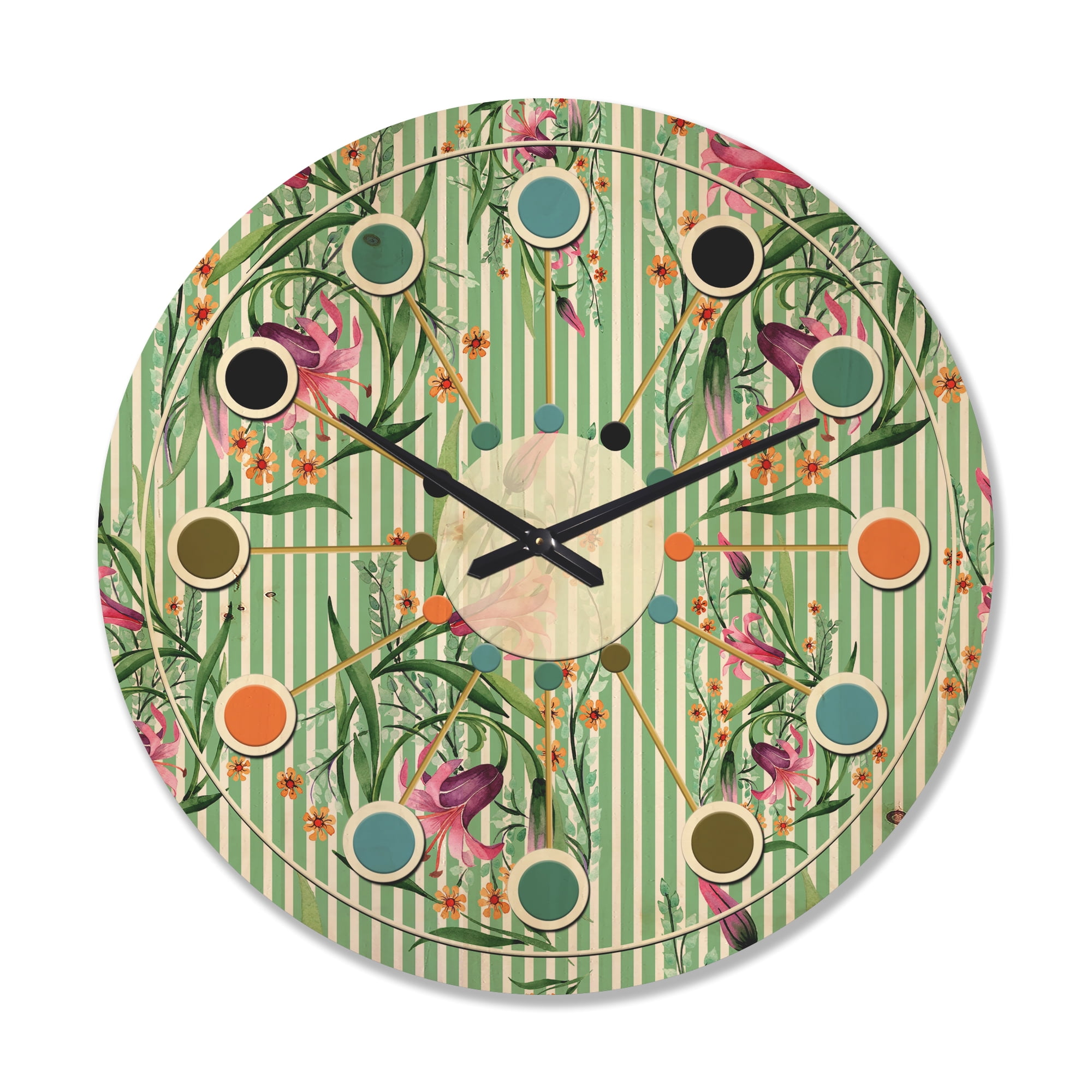 Designart 'Botanical Floral Retro IX' Mid-Century Modern Wood Wall Clock