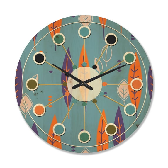Designart 'Botanical Floral Retro Pattern II' Mid-Century Modern Wood Wall Clock