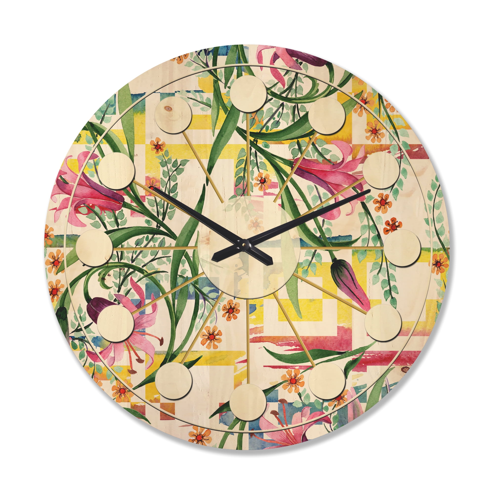 Designart 'Botanical Floral Retro XI' Mid-Century Modern Wood Wall Clock