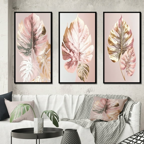 Designart "Botanical Leaf in Artistic Detail I" Floral Ferns Framed Wall Art Set Of 3 - Pink Ferns Frame Gallery Wall Set For Home Decor