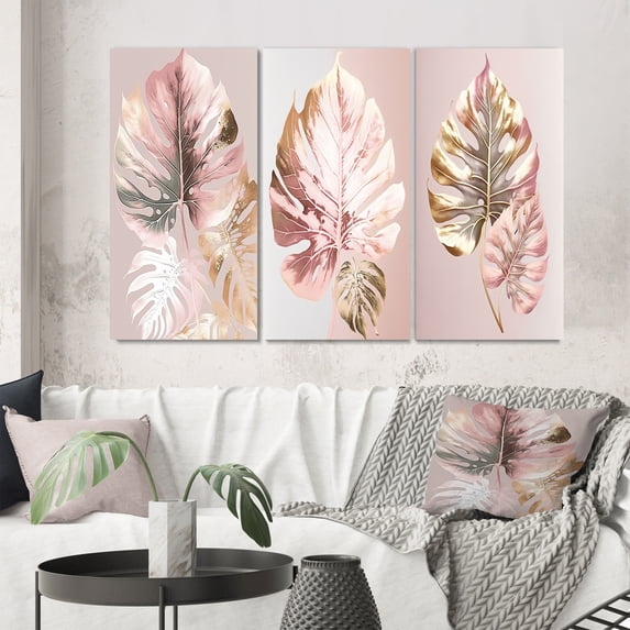 Designart "Botanical Leaf in Artistic Detail I" Floral Ferns Wall Art Set Of 3 - Ferns Pink Canvas Set For Living Room Decor