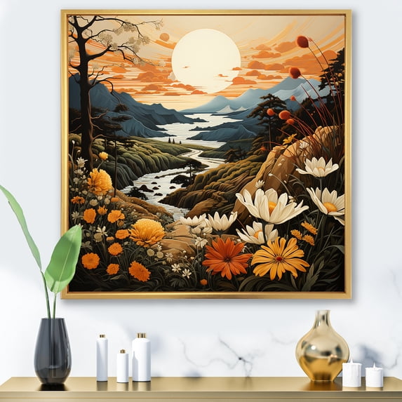 Designart "Botanical Majesty In Mountain Scenery" Abstract Landscape Floater Framed Wall Decor