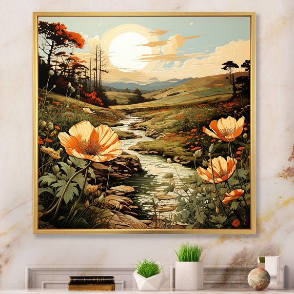 Designart "Botanical Majesty In Mountain Scenery I" Abstract Landscape Floater Framed Canvas Art Print