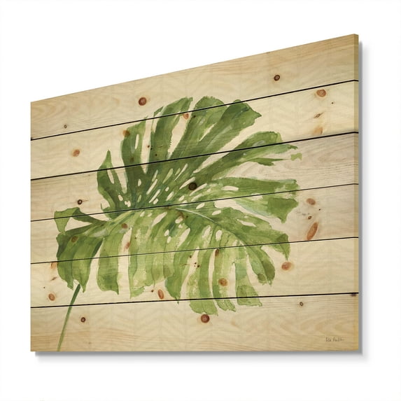 Designart 'Botanical Mixed Green Leaves V' Cottage Print on Natural Pine Wood