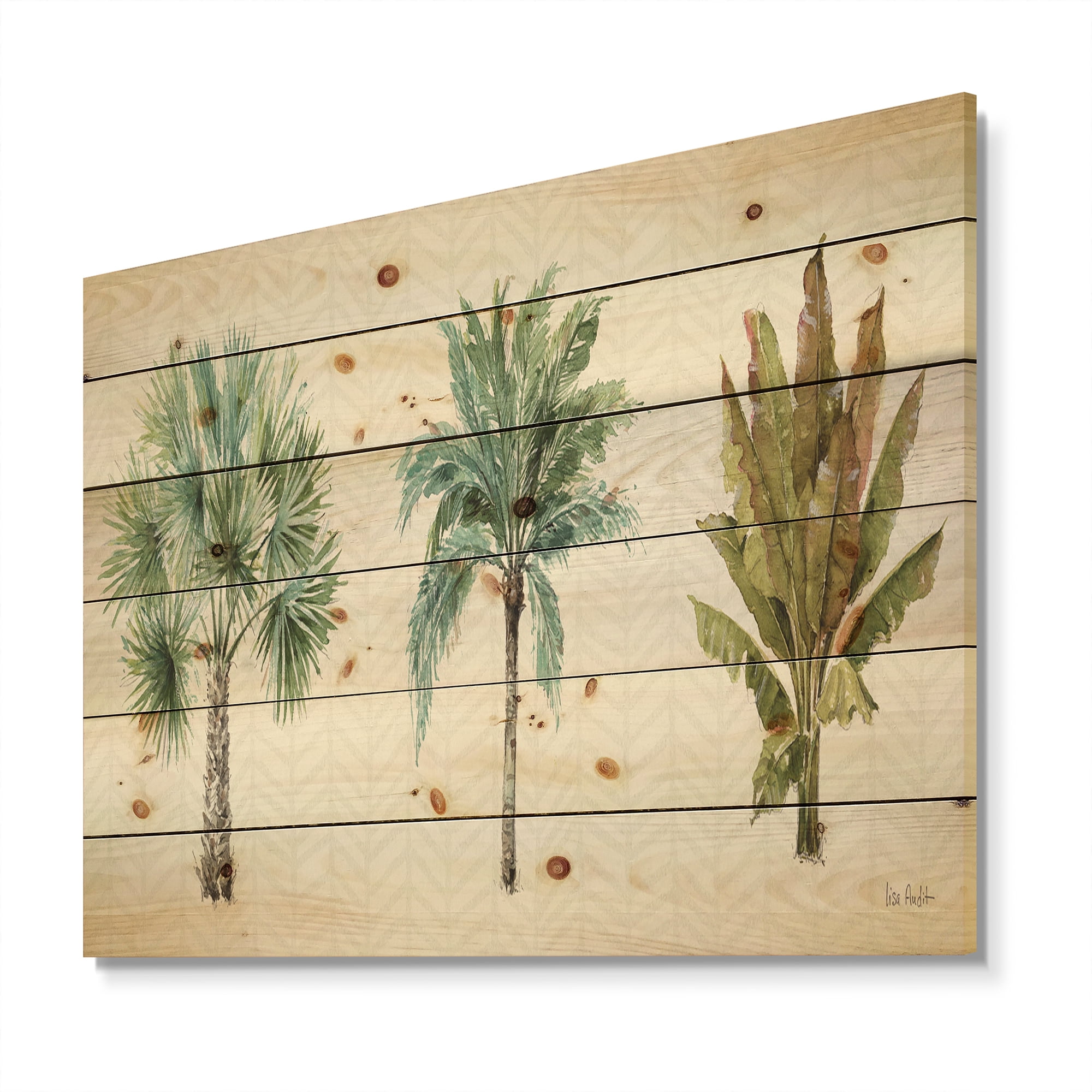 Designart 'Botanical Mixed Green Palms I' Farmhouse Print on Natural Pine Wood