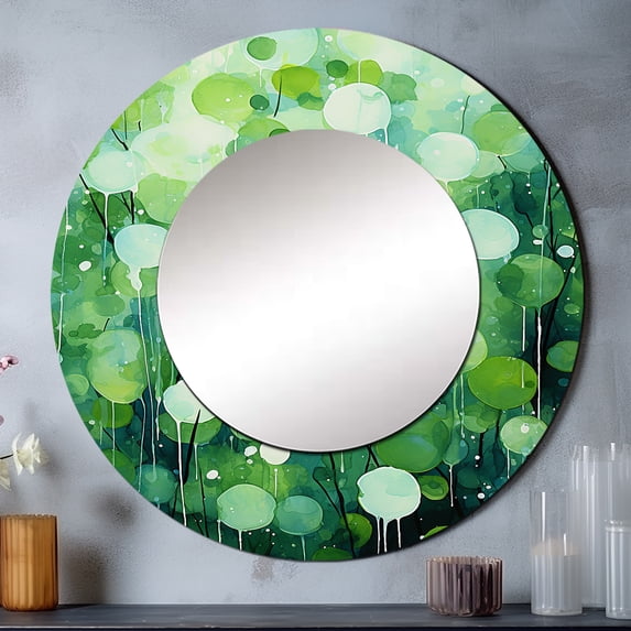 Designart "Botanical Quarters With A Quirky Twist" Abstract Popart Green Large Round Mirror - Round Bedroom Mirror Wall Decor - Modern Round Printed Mirror - 23" x 23"