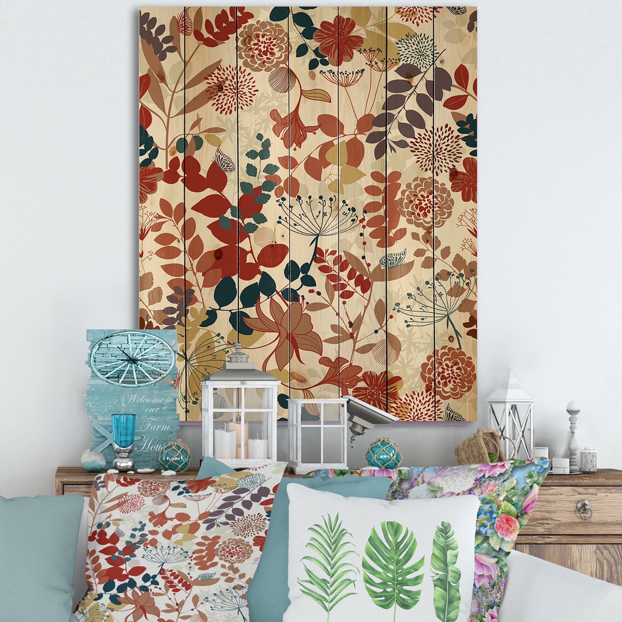 Designart 'Botanical Retro Garden' Bohemian & Eclectic Print on Natural Pine Wood