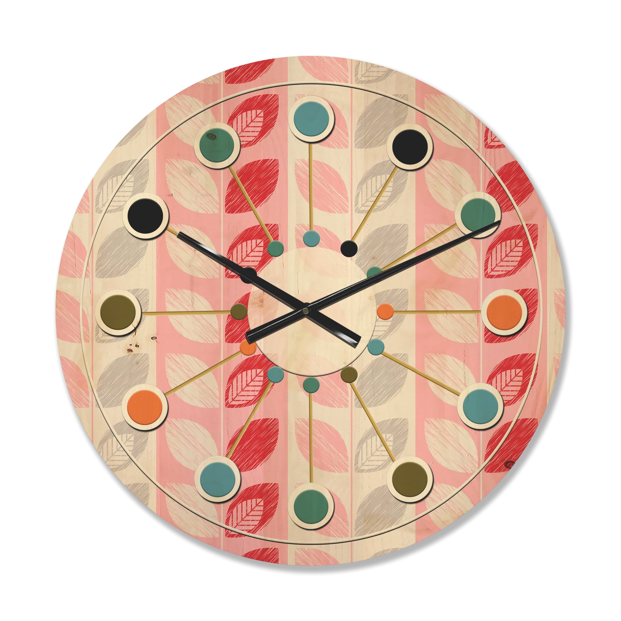 Pattern Retro Clock Designart 'Botanical Retro Pattern Design I' Mid-Century Modern Wood ...