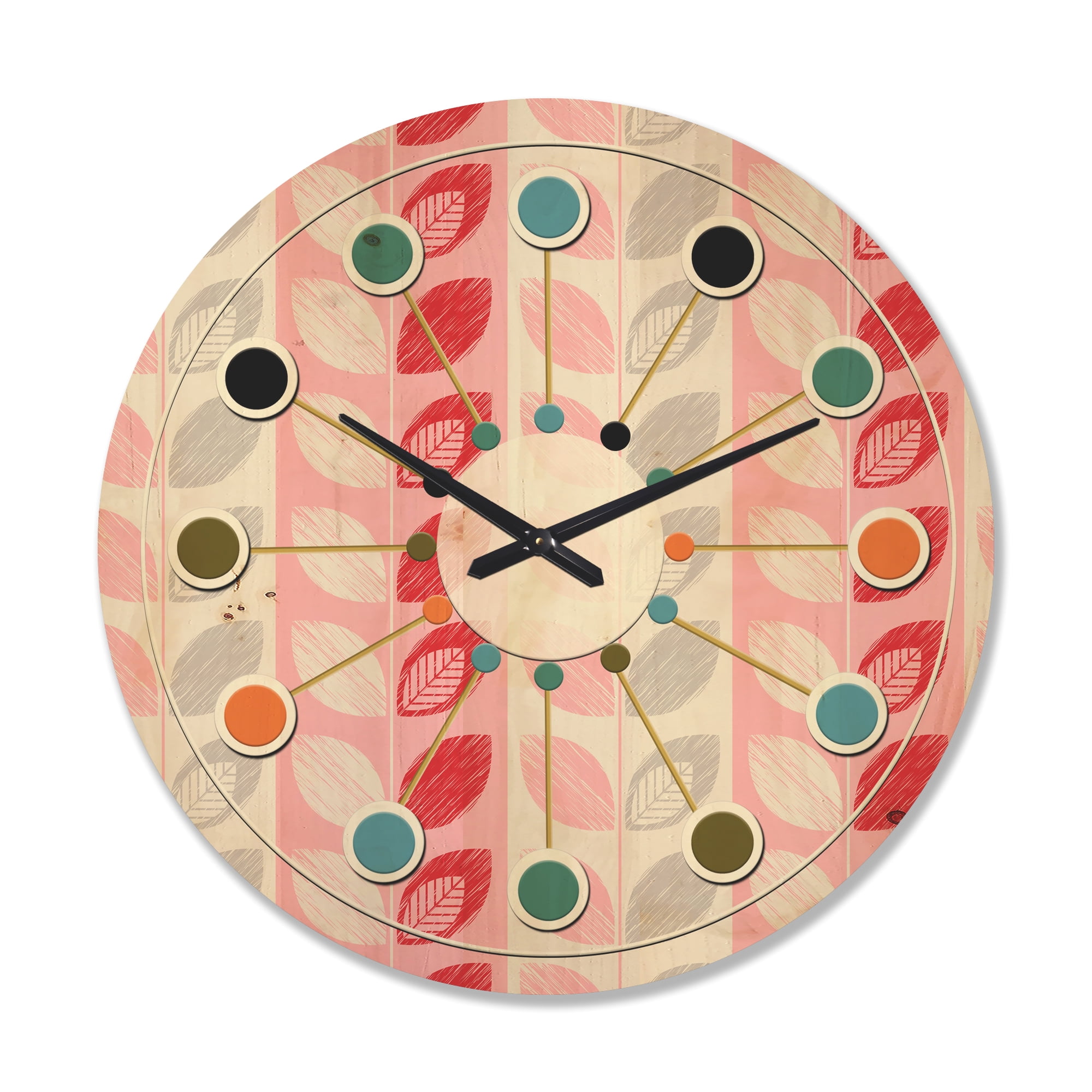 Designart 'Botanical Retro Pattern Design I' Mid-Century Modern Wood Wall Clock