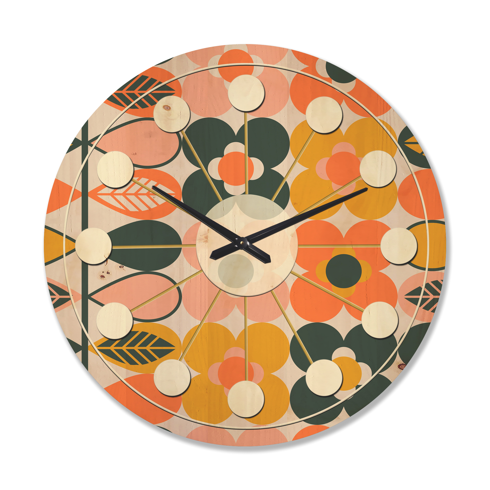 Designart 'Botanical Retro Pattern Design II' Mid-Century Modern Wood Wall Clock