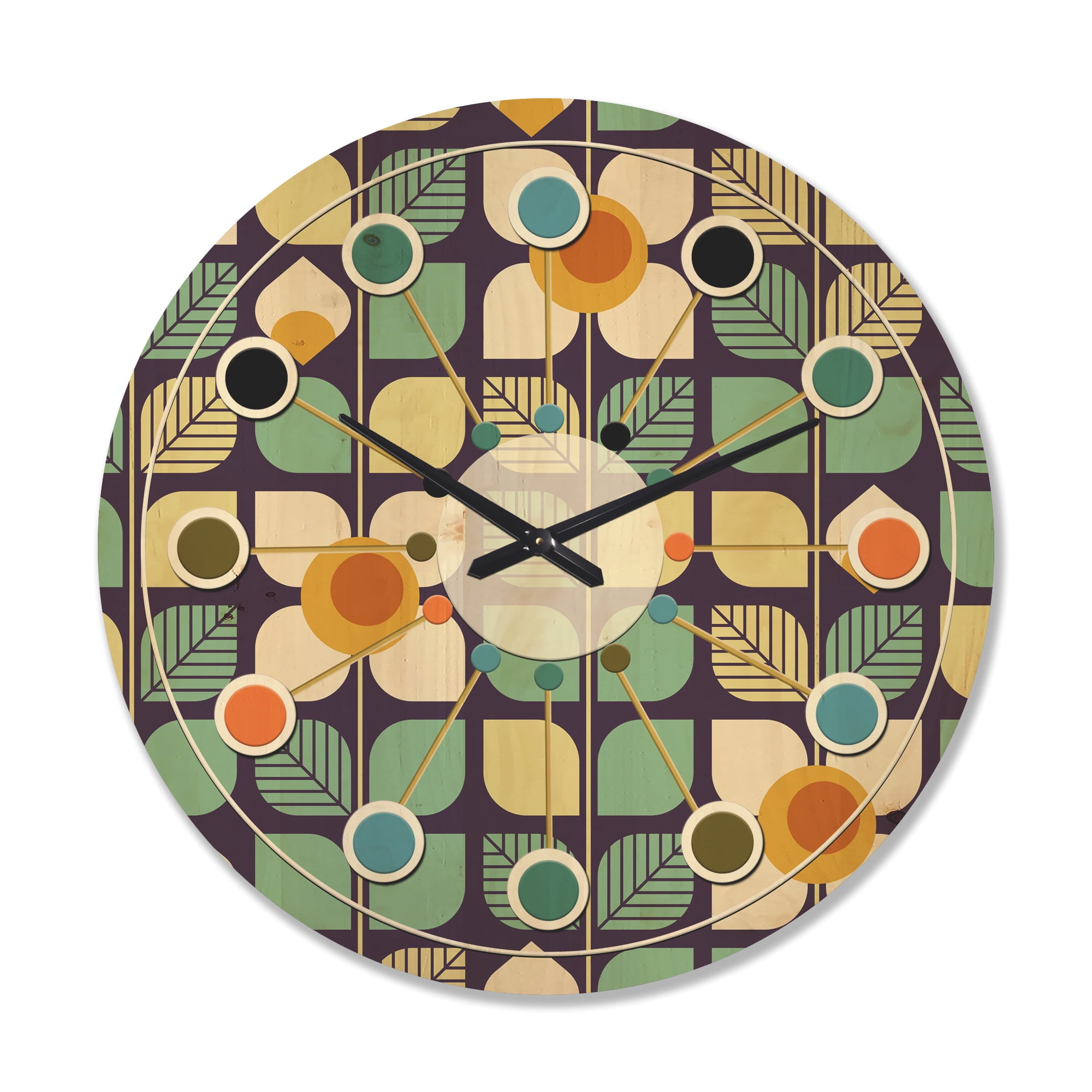 Designart 'Botanical Retro Pattern Design III' Mid-Century Modern Wood Wall Clock