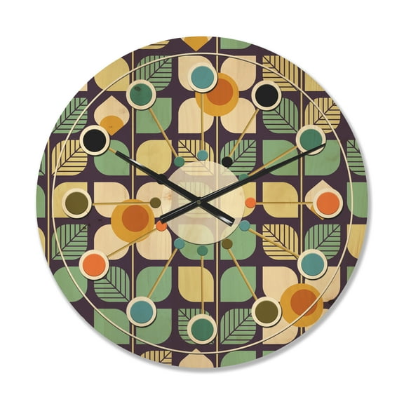 Designart 'Botanical Retro Pattern Design III' Mid-Century Modern Wood Wall Clock