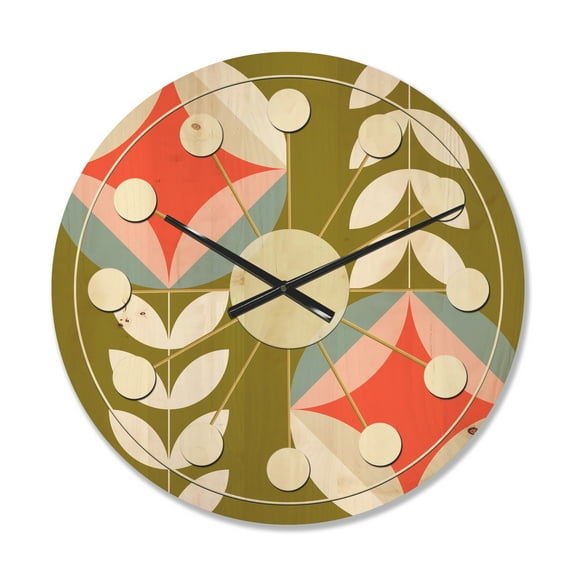 Designart 'Botanical Retro Pattern I' Mid-Century Modern Wood Wall Clock
