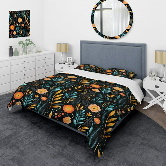 Designart "Botanical Rhythms" Orange Floral Bedding Covert Set - Cottage Bed Set With 1 Sham