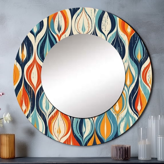 Designart "Botanical Symphony in Orange and Blue III" Abstract Round Mirror Wall Décor Mid-Century - Large Orange Round Mirror - Round Mirror 29" x 29" Inch