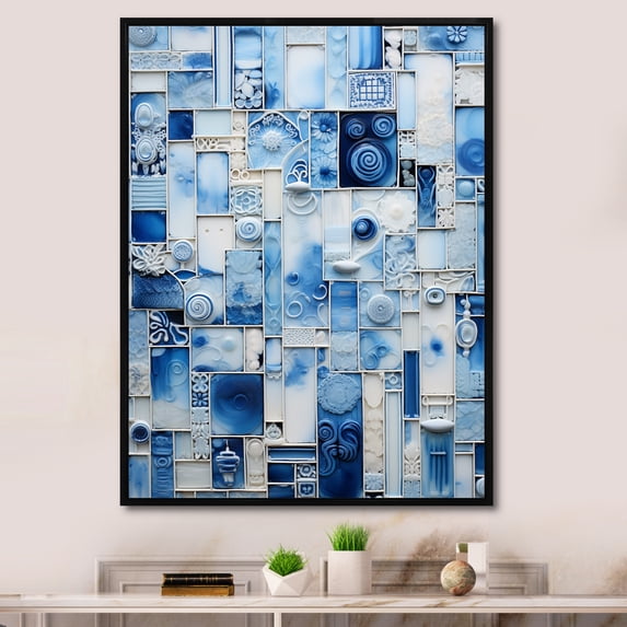 Designart "Botanical Tiles in Blue and White I" Abstract Framed Wall Art - Modern White Abstract Tile Hallway Framed Wall Art Decor