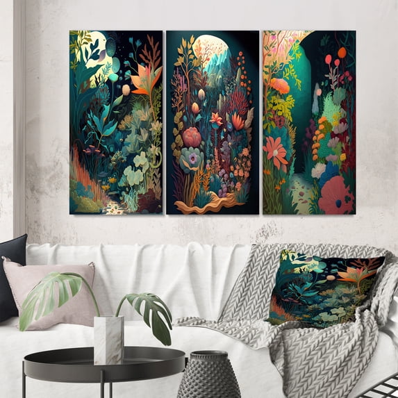 Designart "Bountiful Wilderness Blessings IV" Floral & Botanical Wall Art Set Of 3 - Traditional Green Canvas Set For Living Room Decor