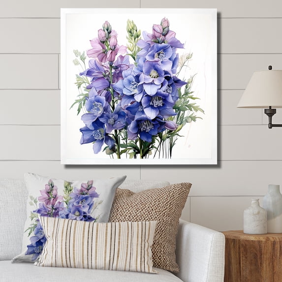 Designart "Bouquet of Blue and Purple Delphinium Flowers III" Floral Framed Wall Art Decor - Traditional Purple Delphinium Living Room Framed Canvas Art