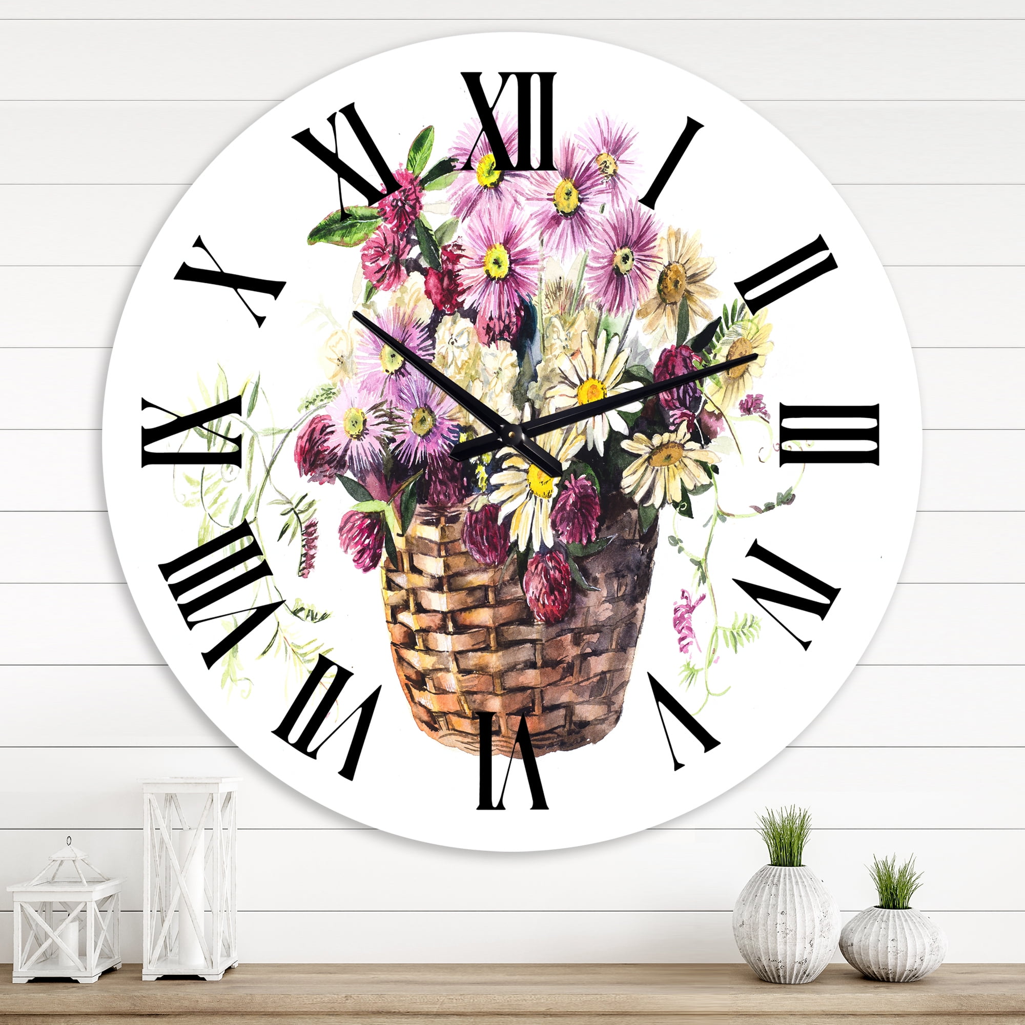 Designart 'Bouquet From Meadow Flowers In The Basket' Traditional Wall Clock
