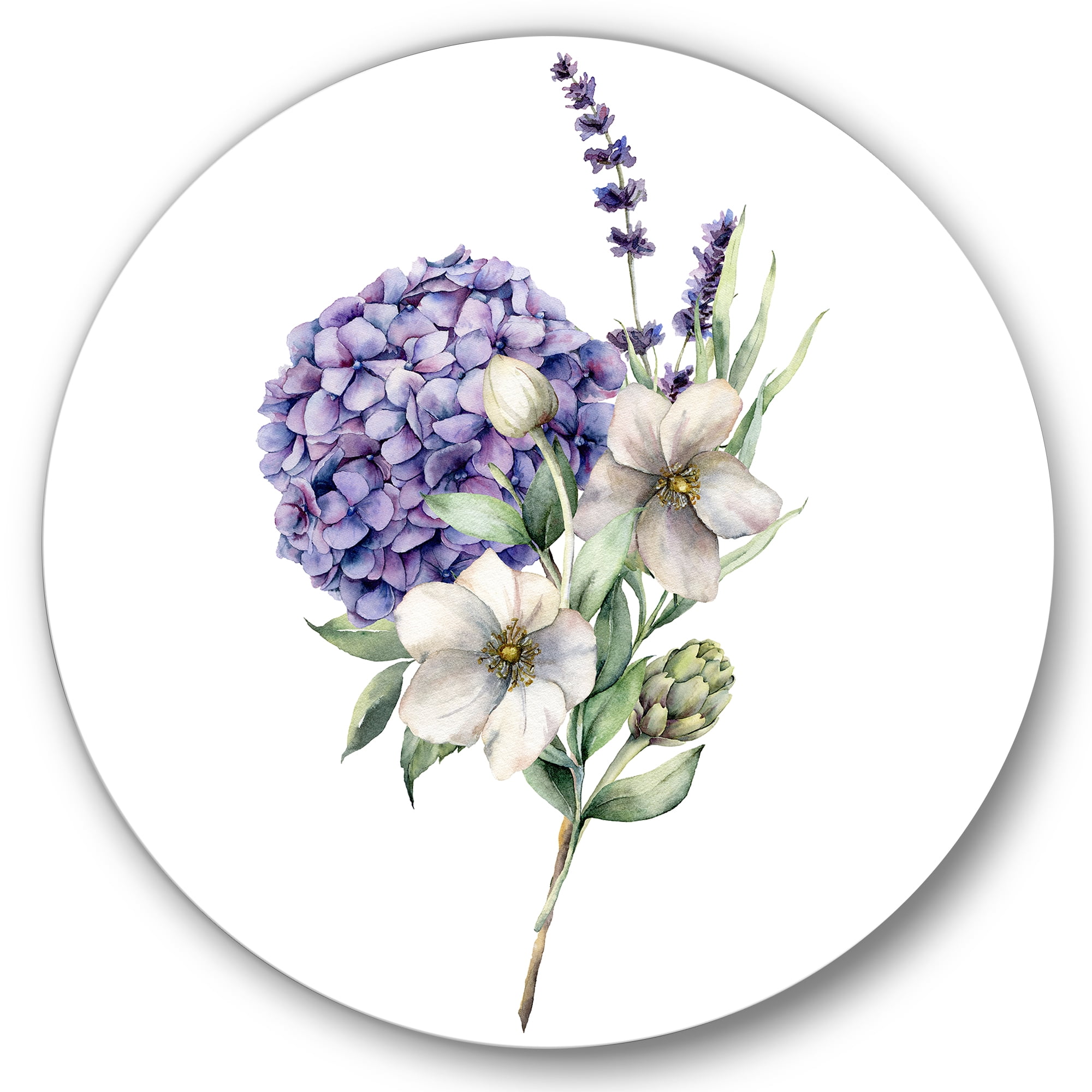 Designart 'Bouquet Of Lavender Anemone Artichoke & Hydrangea ' Traditional Circle Metal Wall Art 36x36 - Disc of 36