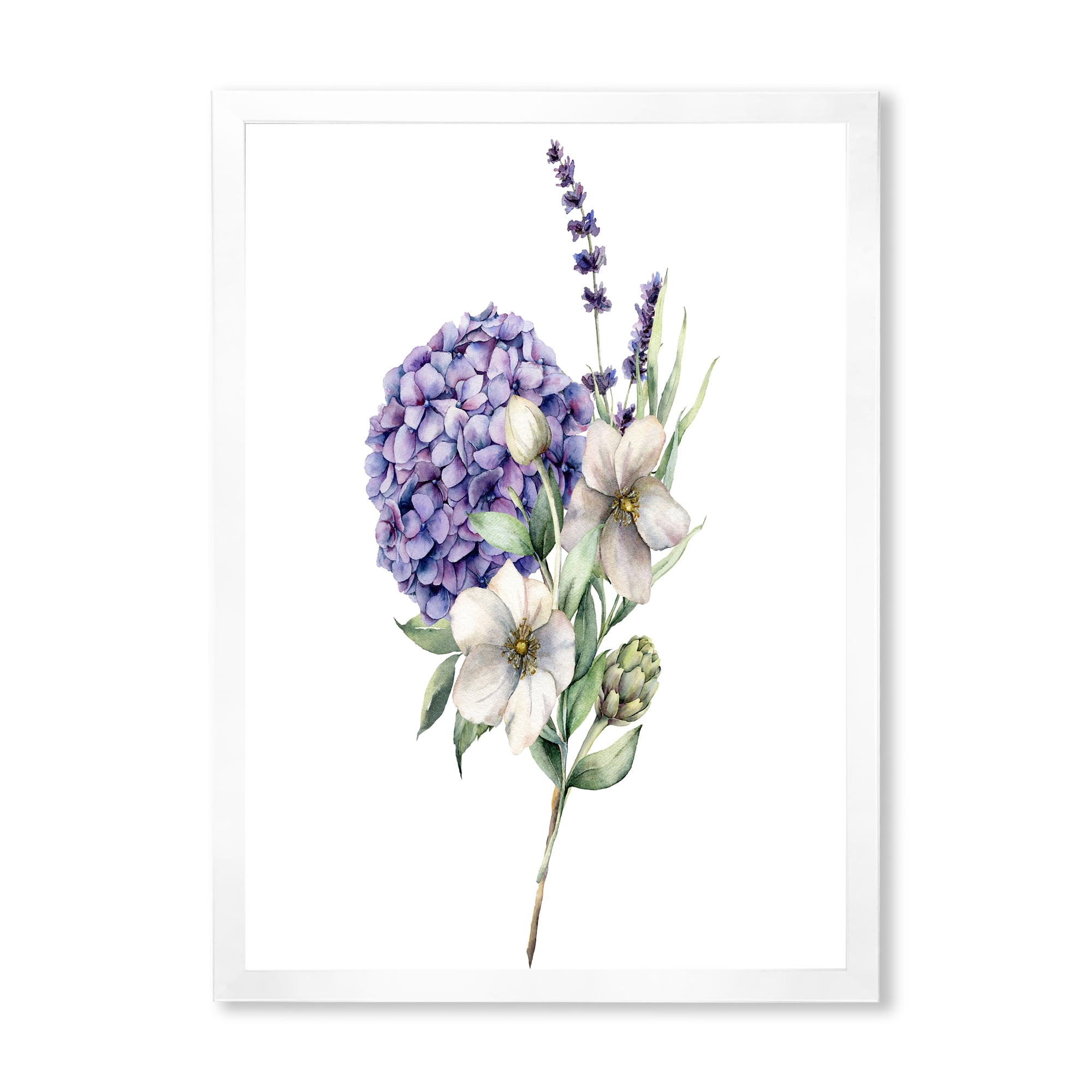 Designart 'Bouquet Of Lavender Anemone Artichoke & Hydrangea ' Traditional Framed Art Print