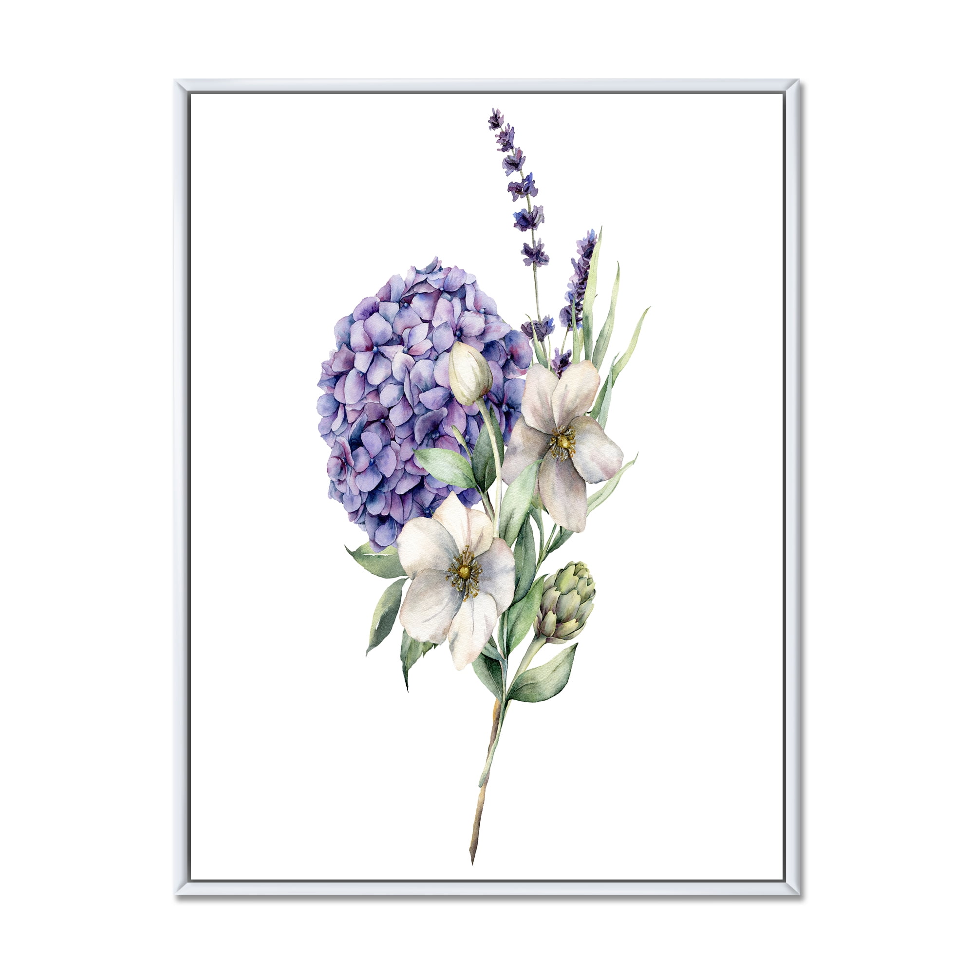 Designart 'Bouquet Of Lavender Anemone Artichoke & Hydrangea ' Traditional Framed Canvas Wall Art Print