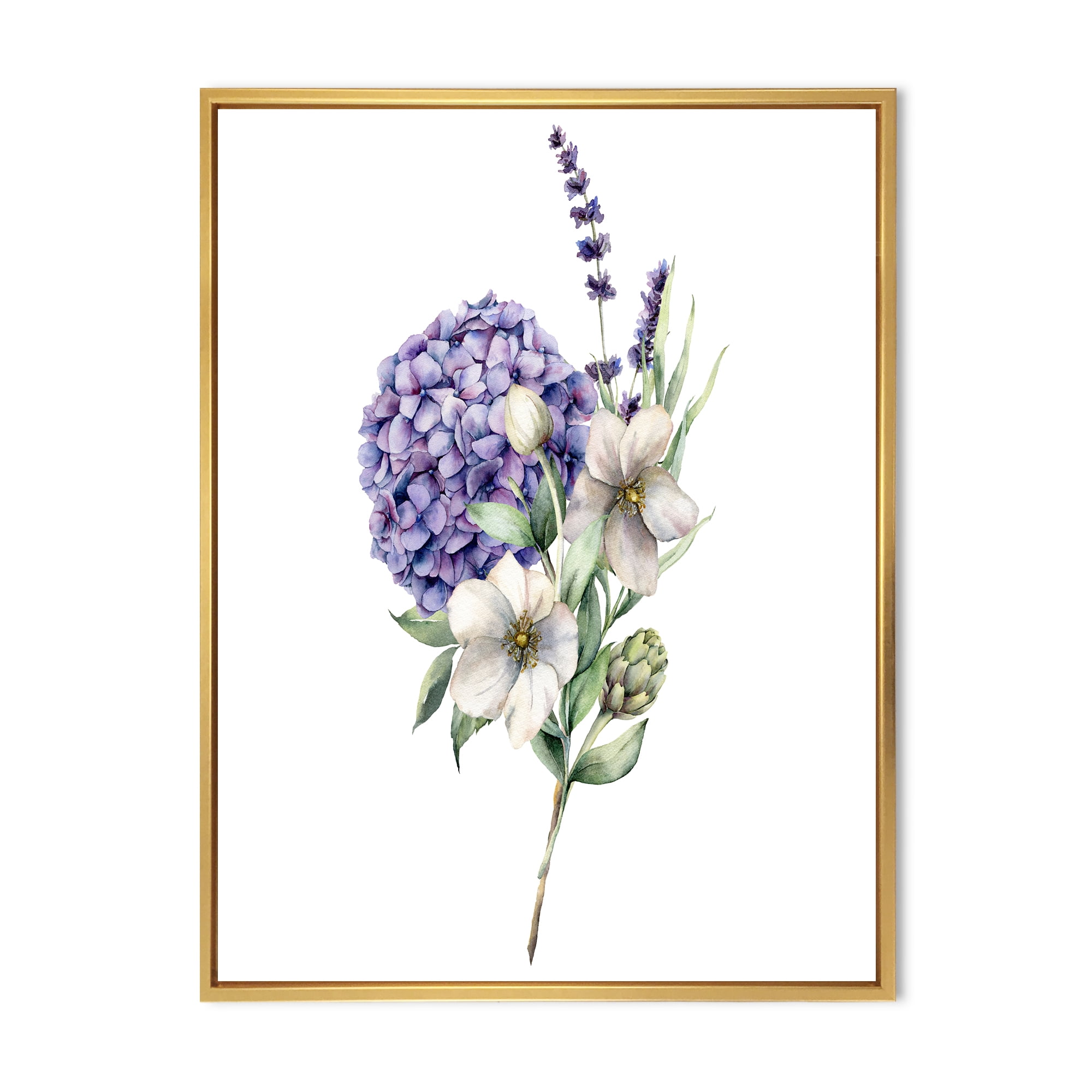 Designart 'Bouquet Of Lavender Anemone Artichoke & Hydrangea ' Traditional Framed Canvas Wall Art Print